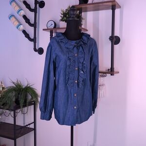 Denim Ruffle Blouse Long Sleeve Button Down Dark Wash Blue Shirt XL